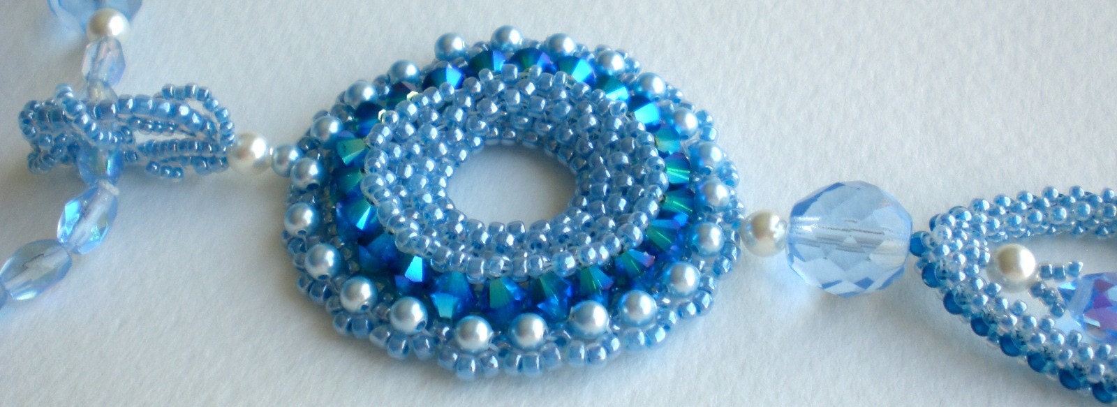 Blue Crystal Rivoli Beaded Necklace Unique Jewelry Pearly Seafoam