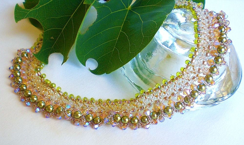 Crystal Beadwoven Olive and Peach Necklace Unique Jewelry