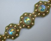 Rivoli Beadwoven Bracelet in Green and Gold  Unique Beaded Beadwork Beadweaving Jewelry  Wild Fern