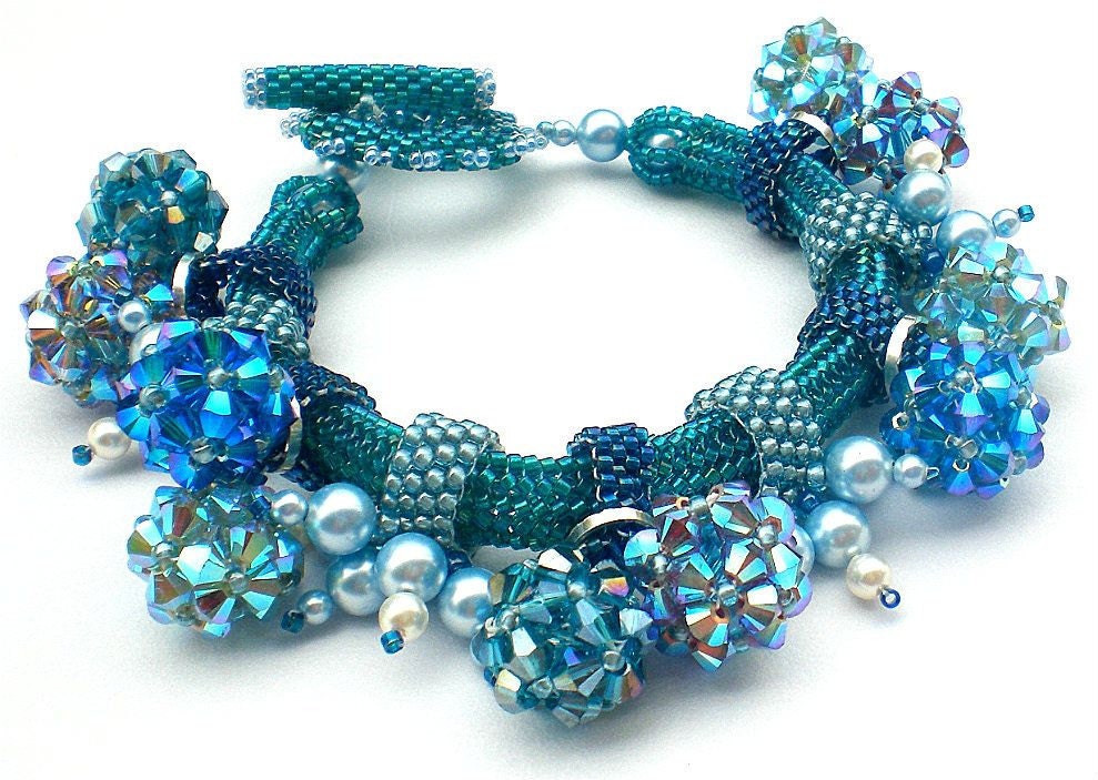 Rivoli Beadwoven Blue Bracelet Unique  Beaded Beadwork Beadweaving Jewelry  Inspired By Picasso