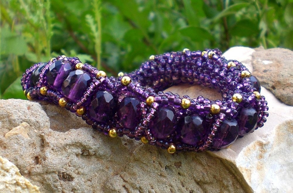 Regal Purple Crystal Bangle  Bracelet Beaded Unique Jewelry