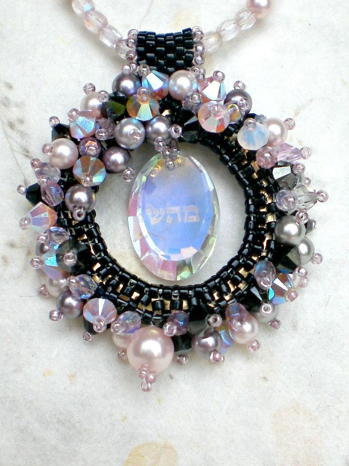 Swarovski Crystals Pearls Pink Purple Black healing Kabbalah Pendant Necklace Beadwoven Beaded Beadweaving Unique Jewelry