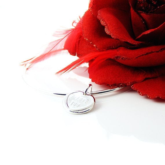 Love Heart Bangle, Recycled & Sterling Silver, Handmade I Love You Loveheart Charm, Sweethearts Bracelet