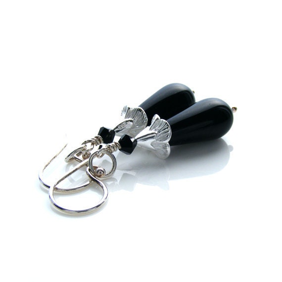 Black Teardrop Earrings, Handcrafted Sterling Silver & Jet Swarovski Crystals Earrings, Ebony Glass, Handmade Silver Earrings
