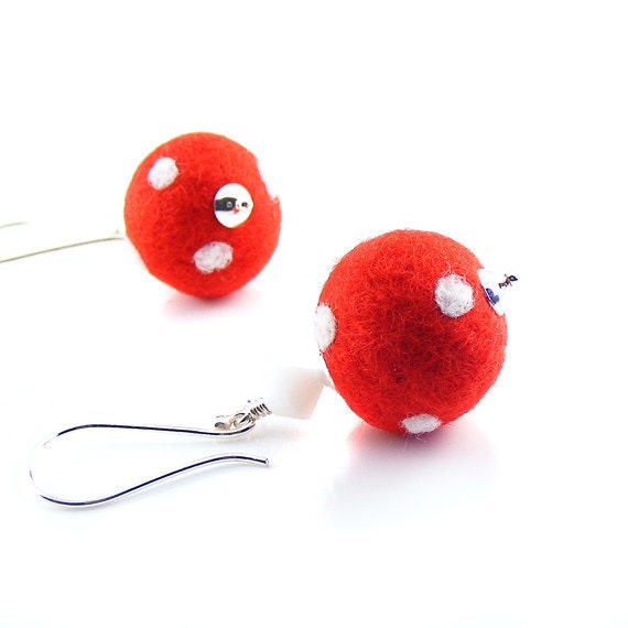 Red Felted Wool Earrings, Handmade Felt Earrings, Sterling Silver Earrings, Limited Edition
