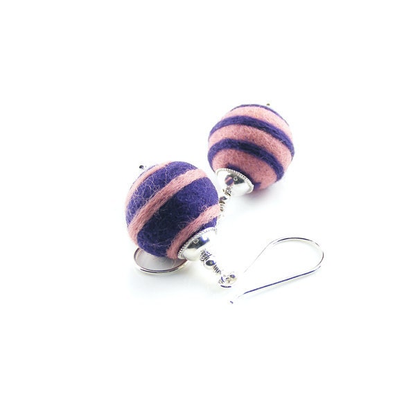 Felt Ball Earrings, Sterling Silver & Merino Wool, Handmade Felt Earrings, Pink Purple Spirals