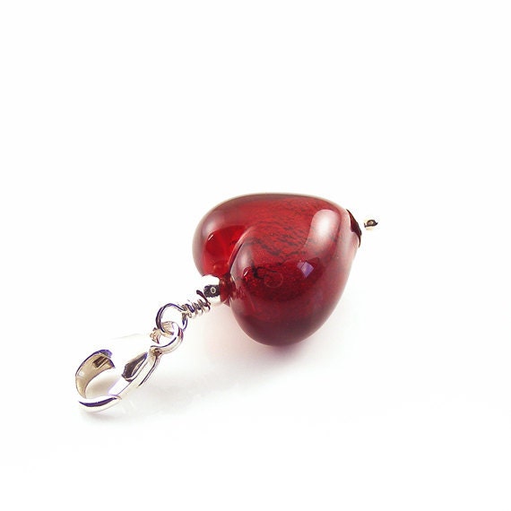 Heart Charm Pendant. Handcrafted Red Murano Glass Heart & Sterling Silver Lobster Clasp Clip On Bracelet Charm
