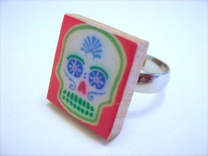 Scrabble Tile Ring - Dia de los Muertos - Day of the Dead Red Skull