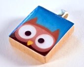 Cute Owl on Blue - Scrabble Tile Pendant
