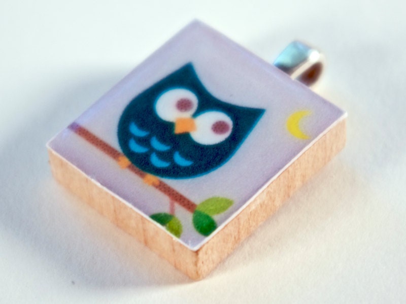 Teal Owl on Grey - Scrabble Tile Pendant