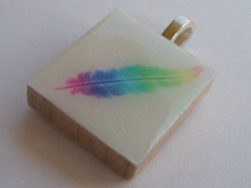 Scrabble Tile Pendant - Rainbow Feather