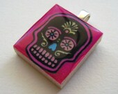 Dia de los Muertos - Day of the Dead Pink Skull - Scrabble Tile Pendant