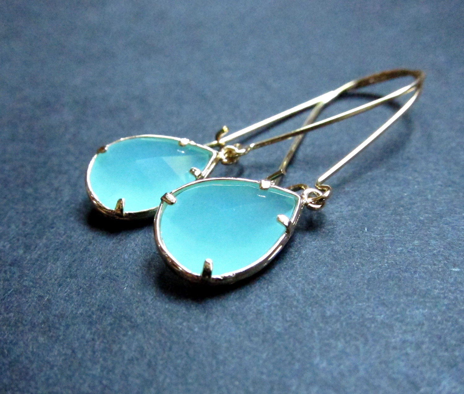 Mint spring green gold framed pear jewel earrings, bridal jewelry, wedding earrings, 16k gold plated earwires