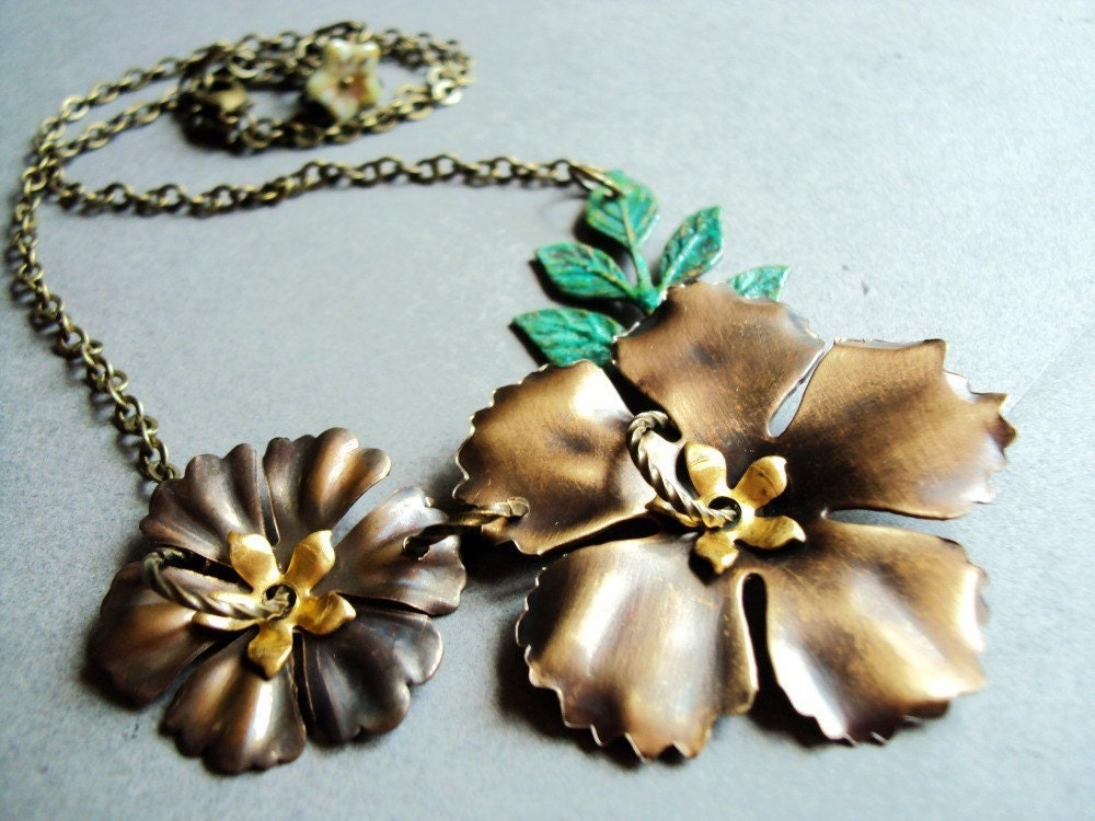 Antiqued brass floral collage bib necklace, detailed flower necklace, statement necklace, large pendant, vertigris green leaves