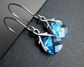 Sterling silver Swarvoski Pear Briolette Earrings, light blue crystals, branch setting, simple, bridal jewelry
