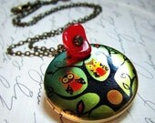 Treetop Owls- Vintage owl photo locket necklace, long necklace, owls on a branch
