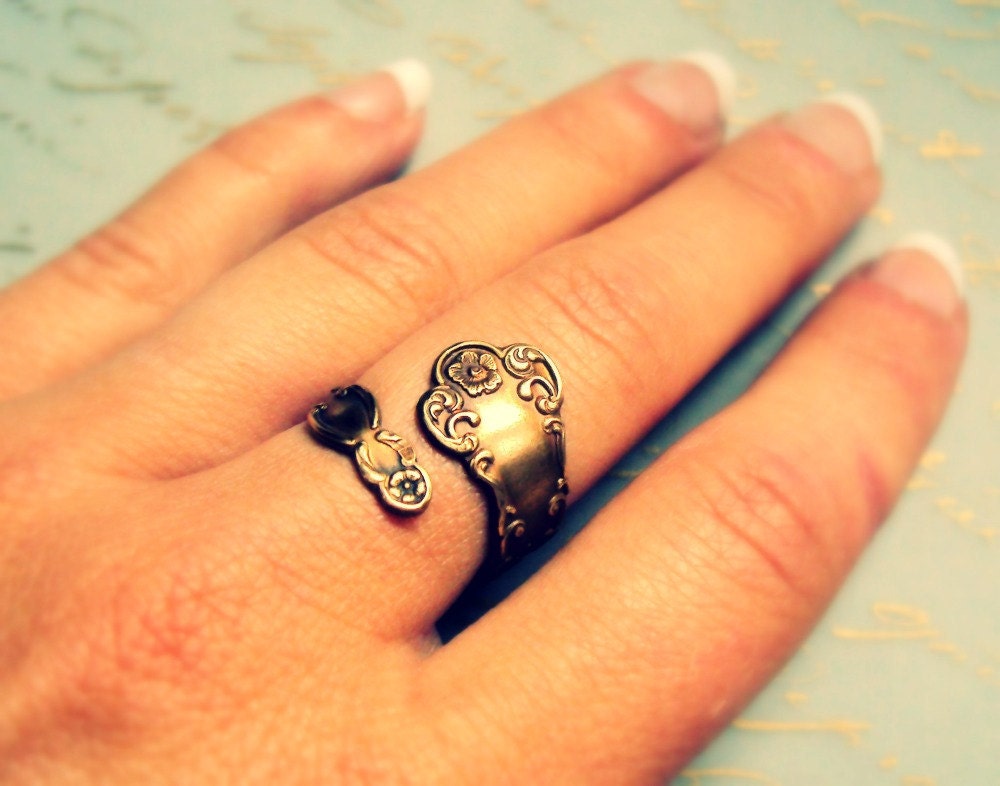 Spooning- Vintage brass spoon ring with a floral design