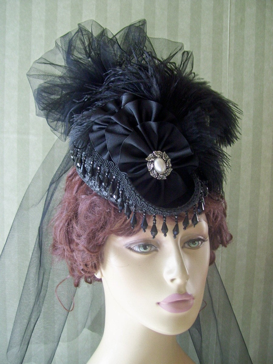 Mini Riding Hat Steampunk Hat Mini Top Hat SAS -Lolita Civil War Derby Lolita Coque Feathers Ribbon-Halloween-Victorian Hat-Black-Hat