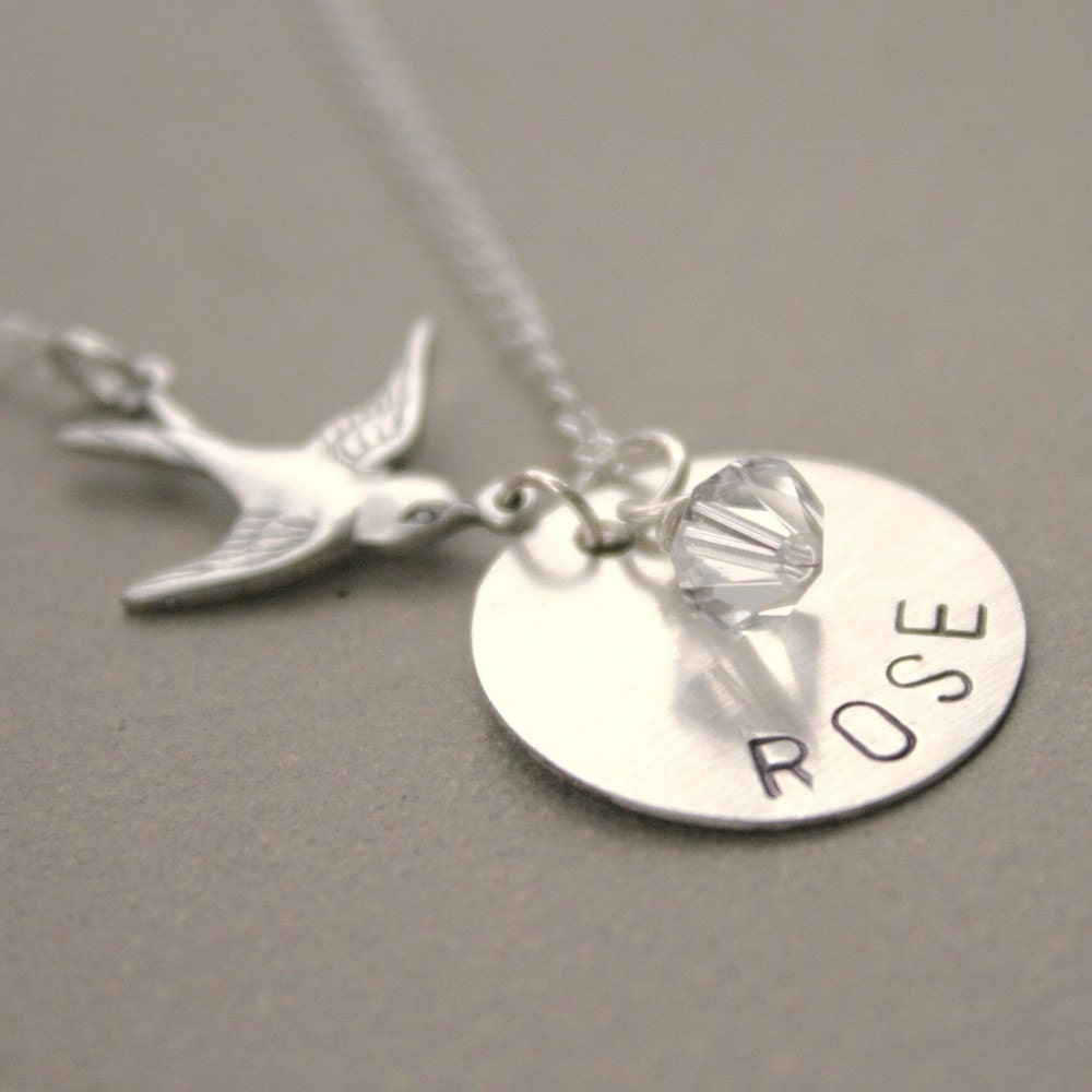 hand stamped personalized name NECKLACE. sterling silver disk with bird and birthstone charm. July ruby.