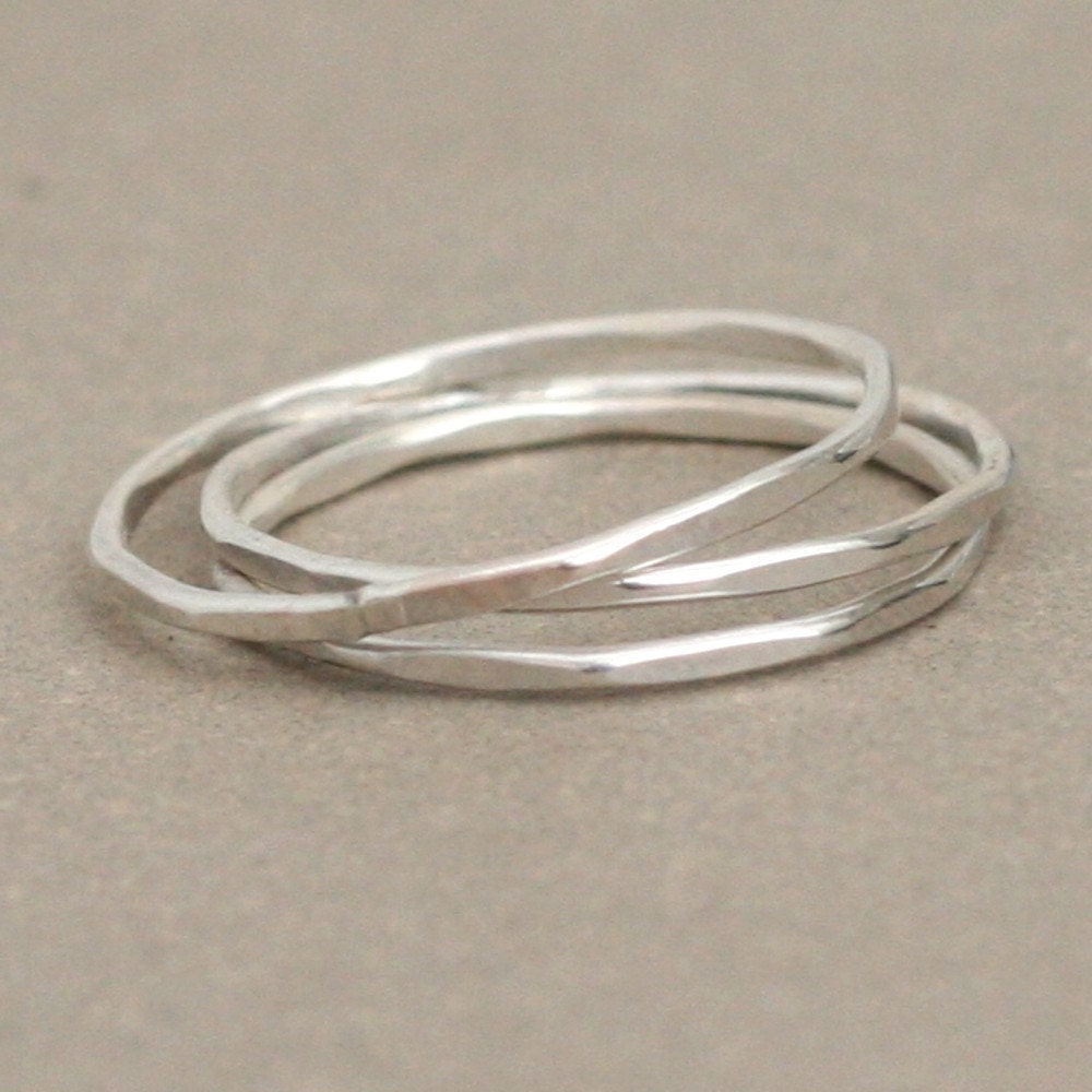 stacking rings. sterling silver. super skinny set of THREE. slim plain band stackable ring. hammered and shiny. stack ring set.
