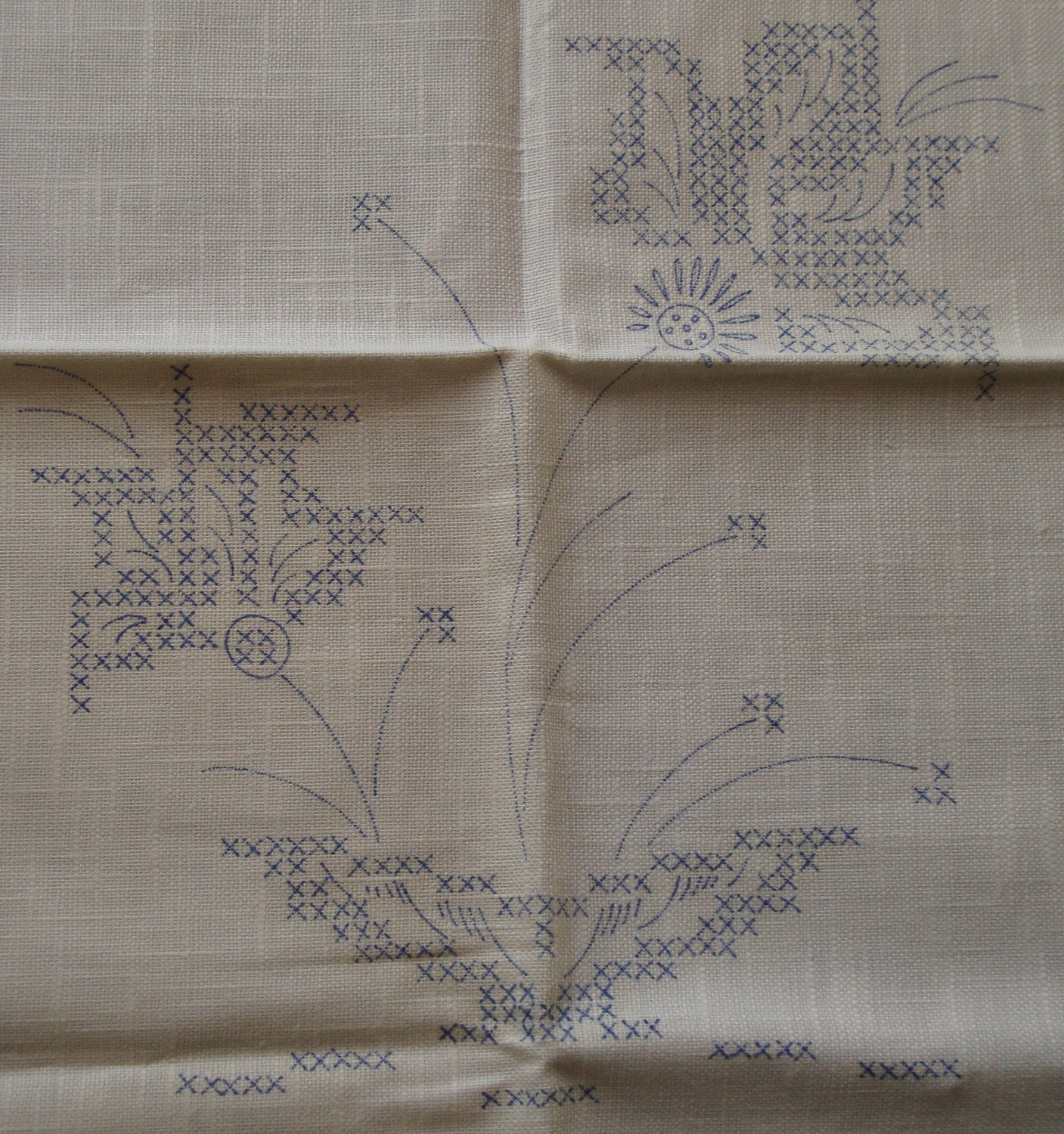 Vintage Stamped Embroidery Linen Table Runner by