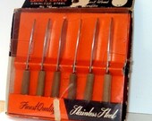 Vintage Canape Knives, Stainless Steel, Fruit Wood Handles, Made In Japan