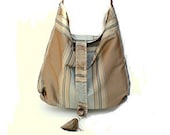 15% COUPON SALE, Handmade fabric bag, shoulder bag, hip bag, crossbody, hobo, tote, gypsy, pastel, stripes, pale teal, taupe, ivory