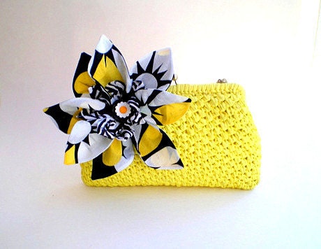 15% COUPON SALE, Vintage, altered couture, framed straw purse, clutch, purse, yellow, chain handle, fabric flower, black and white,