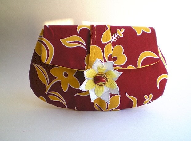 50% CLEARANCE SALE, Clutch, cosmetic pouch, hibiscus floral, brick red, yellow, Hawaiian Wedding