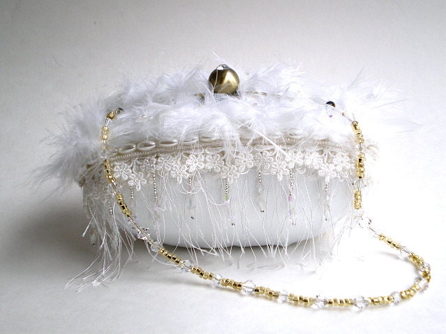 15% COUPON SALE, Luxury, couture, bridal clutch, purse, white, crystals, feathers, winter wedding, icy, beaded strap, White Swan