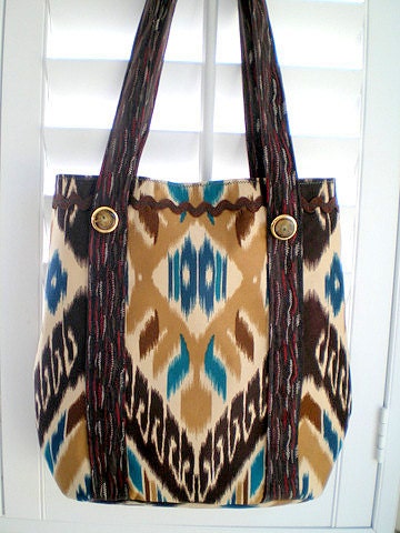 15% COUPON SALE, beach bag, purse, book tote, shoulder bag, hip bag, aqua, teal, brown, ikat, tribal, ethnic, anthropology style