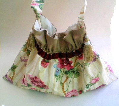 Handmade fabric bag, handbag, cottage chic, gypsy, shoulder bag, crossbody, tassels, pink, rose, beige, plum