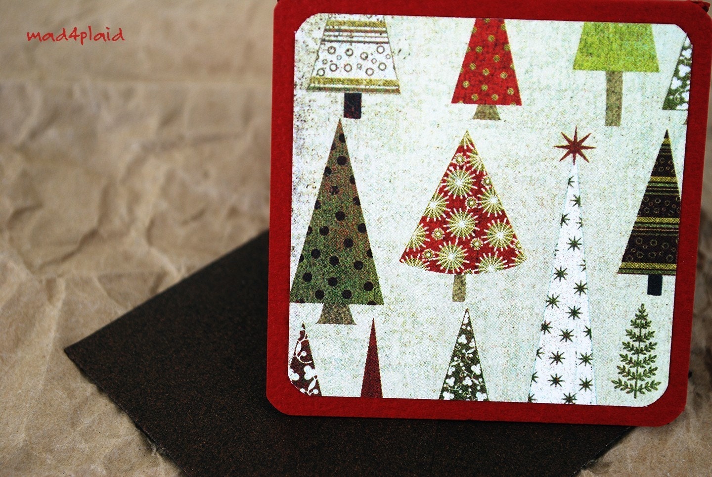 Blank Holiday Mini Set of 10 Cards, Tree Design on Garnet with Metallic Bronze Envelopes, Handmade Paper Goods by mad4plaid on Etsy