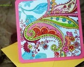 Blank Mini Card Set of 10, Pretty Floral Design on Coral Pink, Bright Yellow Envelopes, Handmade Paper Goods by mad4plaid on Etsy