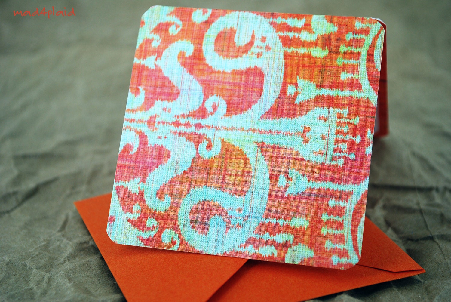 Blank Mini Card Set of 10, Orange Fleur De Lis with Contrasting Pattern on the Inside, Metallic Orange Envelopes, mad4plaid on Etsy