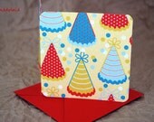 Blank Mini Card Set of 10, Happy Birthday Party Hat Design with Contrasting Pattern on the Inside, Bright red Envelopes, mad4plaid