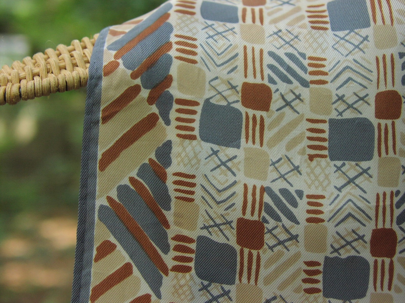 Vintage Neck Scarf, Vera Neumann shawl shoulder wrap with blue, brown, and tan colors, squares and triangles in her classic geometric style