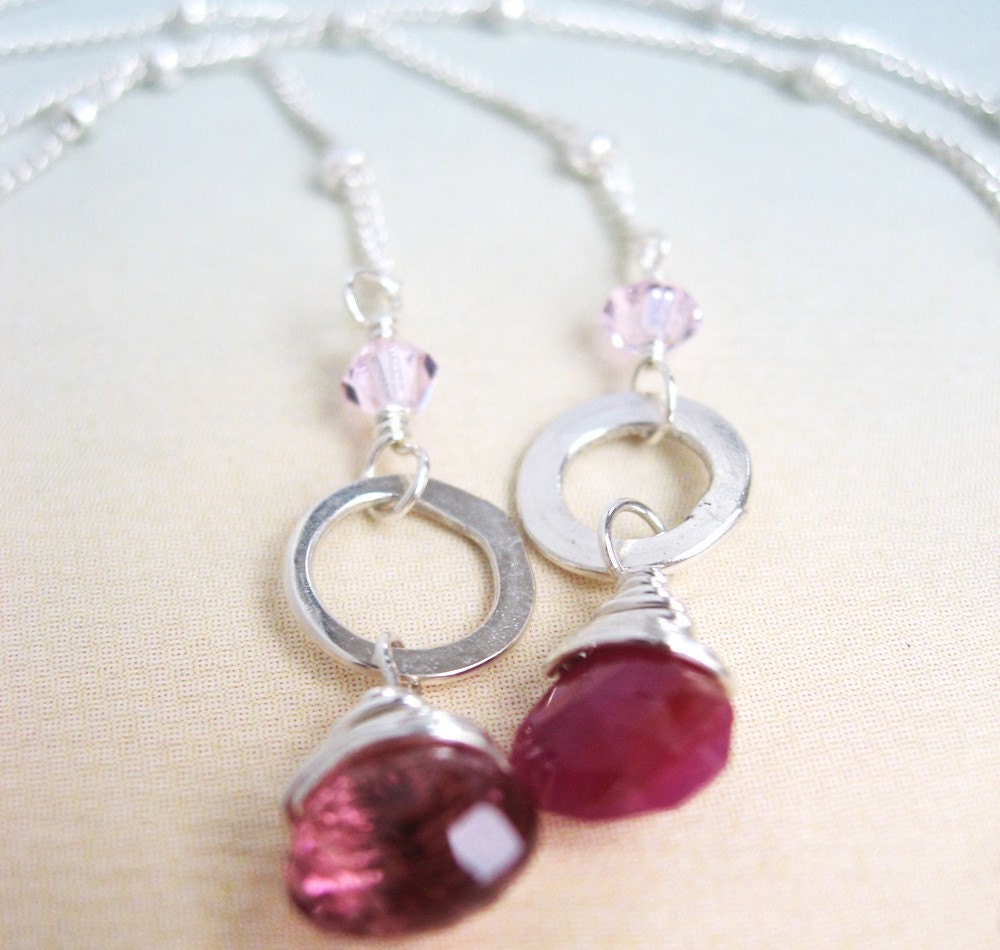 Elle Lariat Necklace - pink tourmaline, sapphire, sterling silver, Swarovski crystals