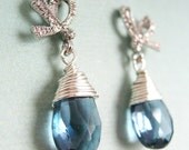 Alice Earrings - London blue topaz, white gold plated small bow ear posts, sterling silver wire