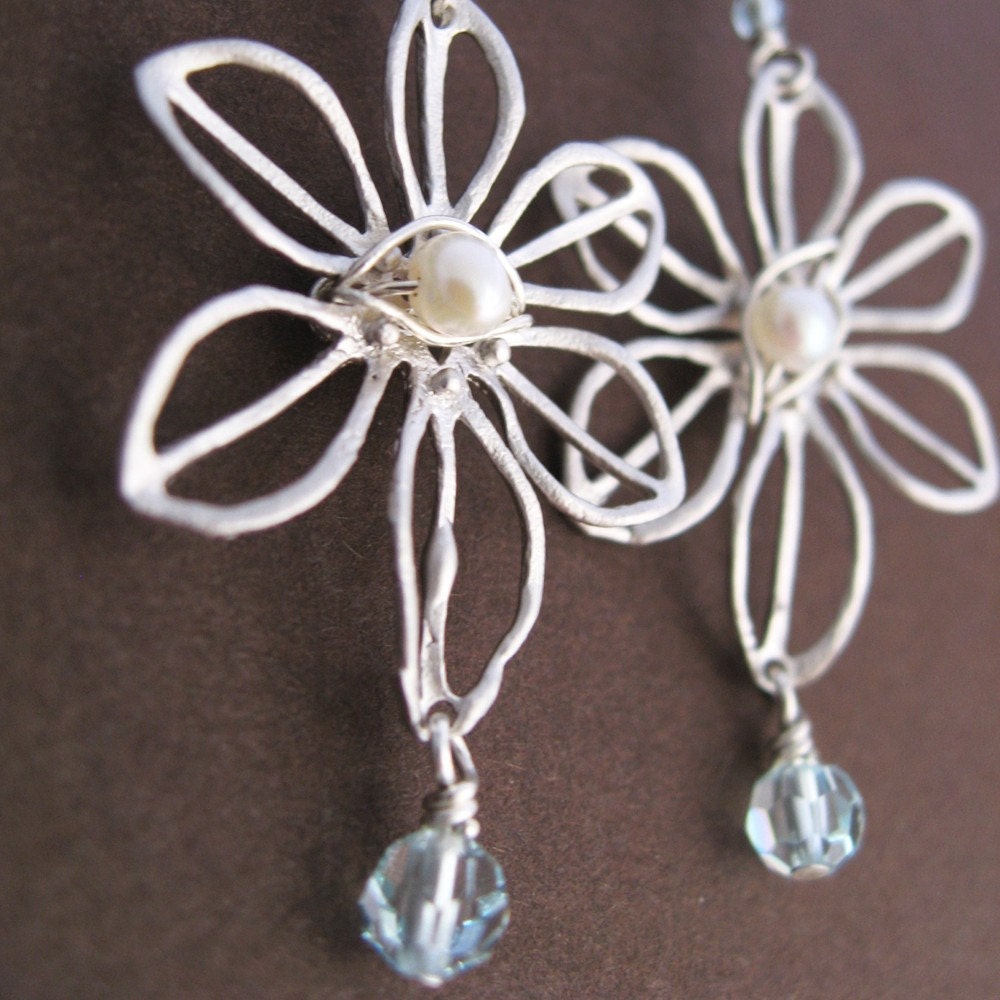 April Earrings - silver plated flower components, pearl, swarovski crystal, sterling silver