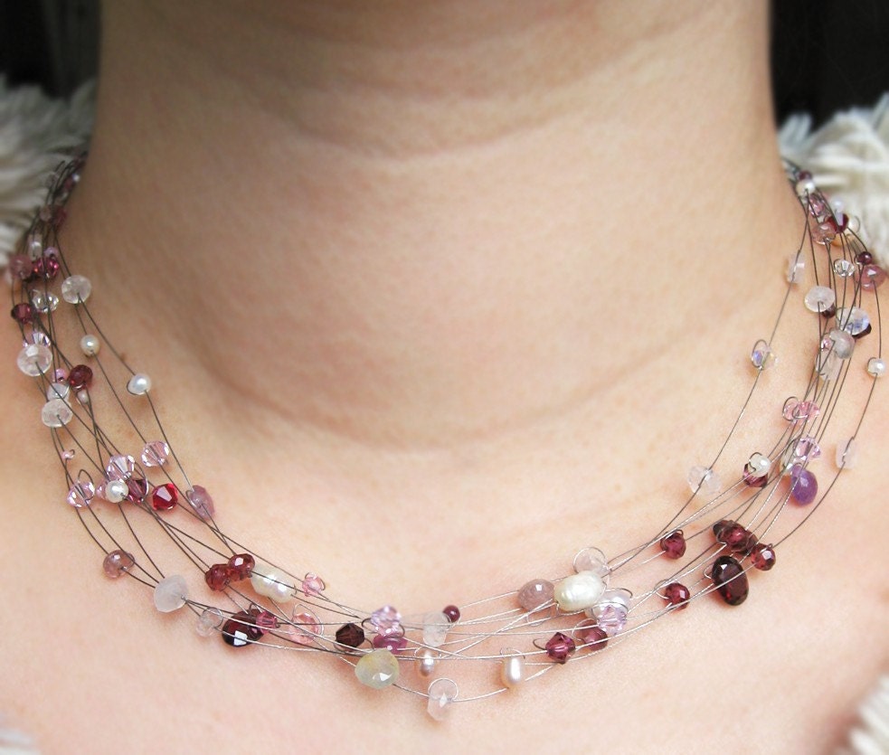 Jacinta Necklace - various gemstones, Swarovski crystals, glass, Soft Flex and sterling silver clasp