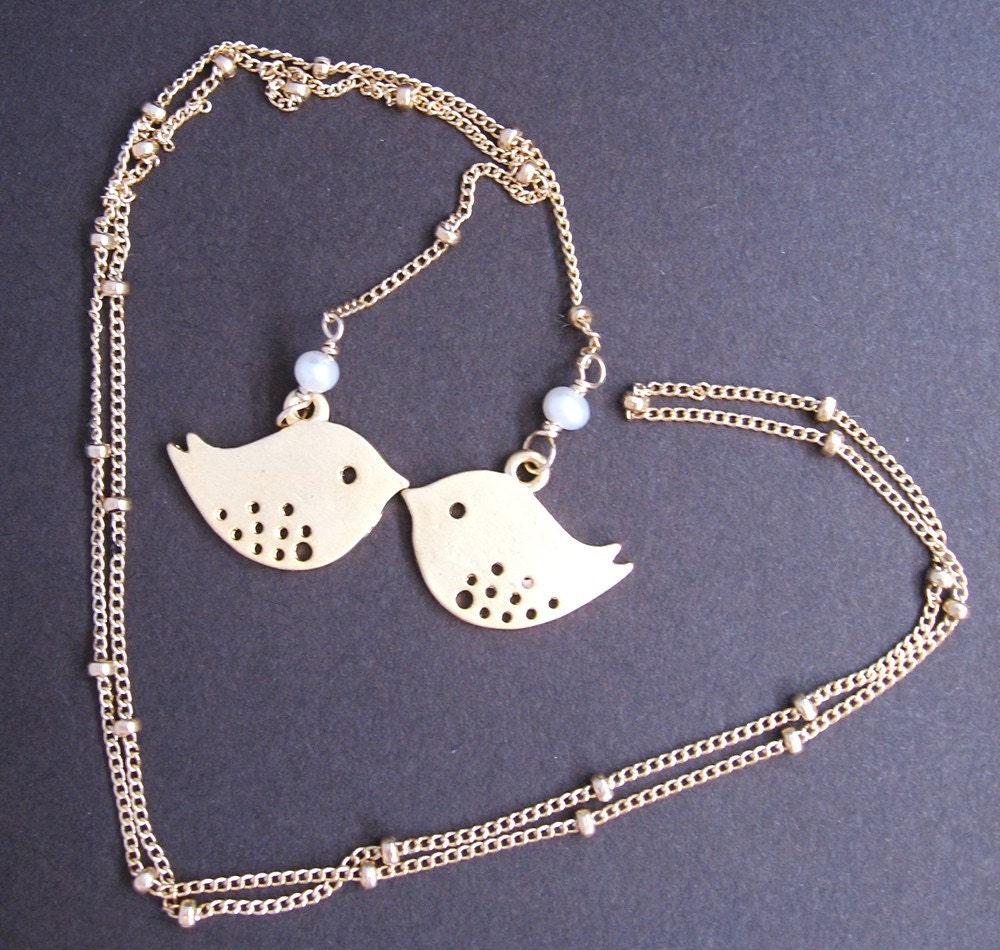 Charlotte Lariat Necklace - gold plated chickadee charms, pearls, gold filled