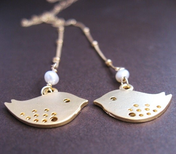 Charlotte Lariat Necklace - gold plated chickadee charms, pearls, gold filled