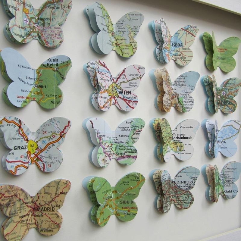 The Places We've been - 16 Butterfly Custom Example - Vintage Map Butterfly Art