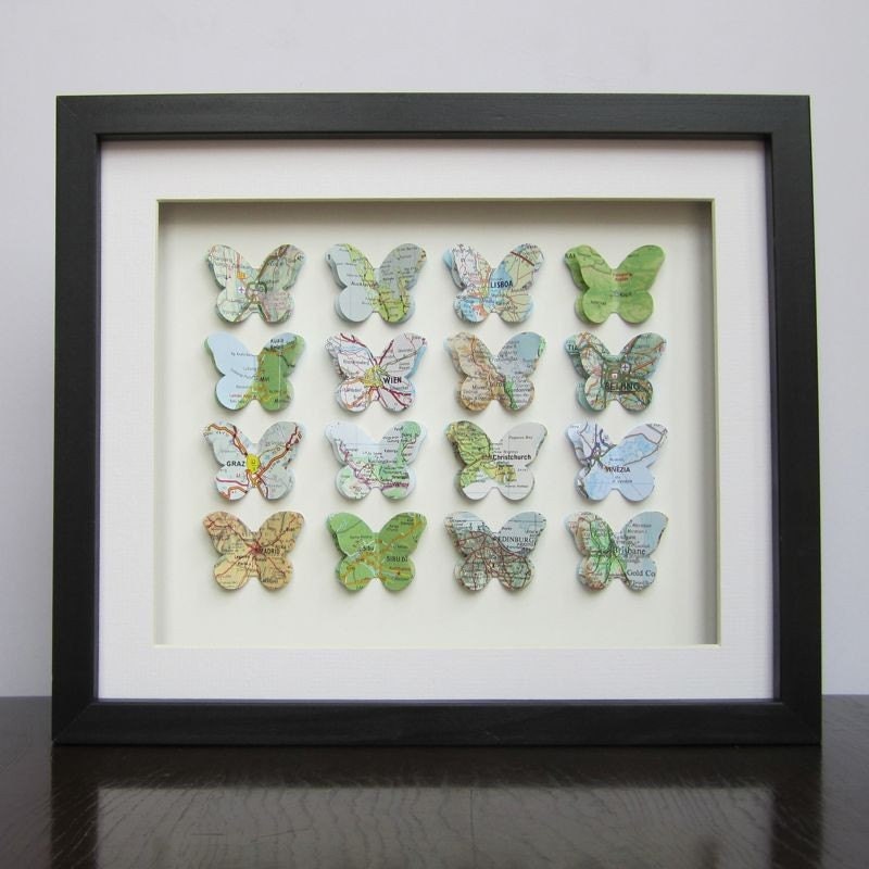 The Places We've been - 16 Butterfly Custom Example - Vintage Map Butterfly Art