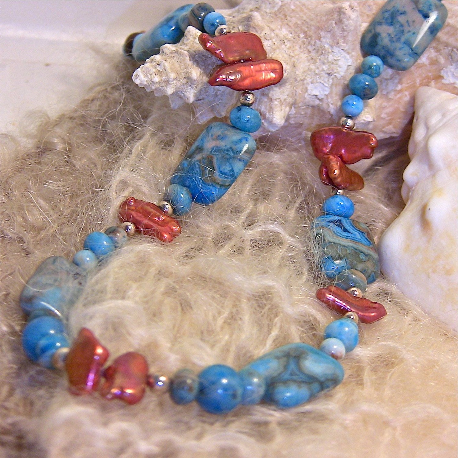 Blue Necklace, Orange Pearl  Necklace, Unique Artisan Southwest Colors