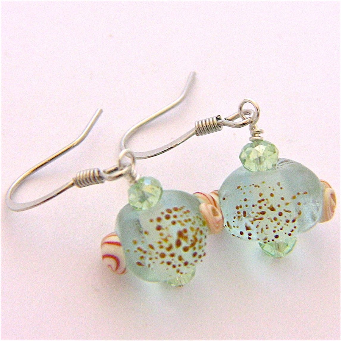 blue earrings, aqua earrings, seashell lampwork earrings