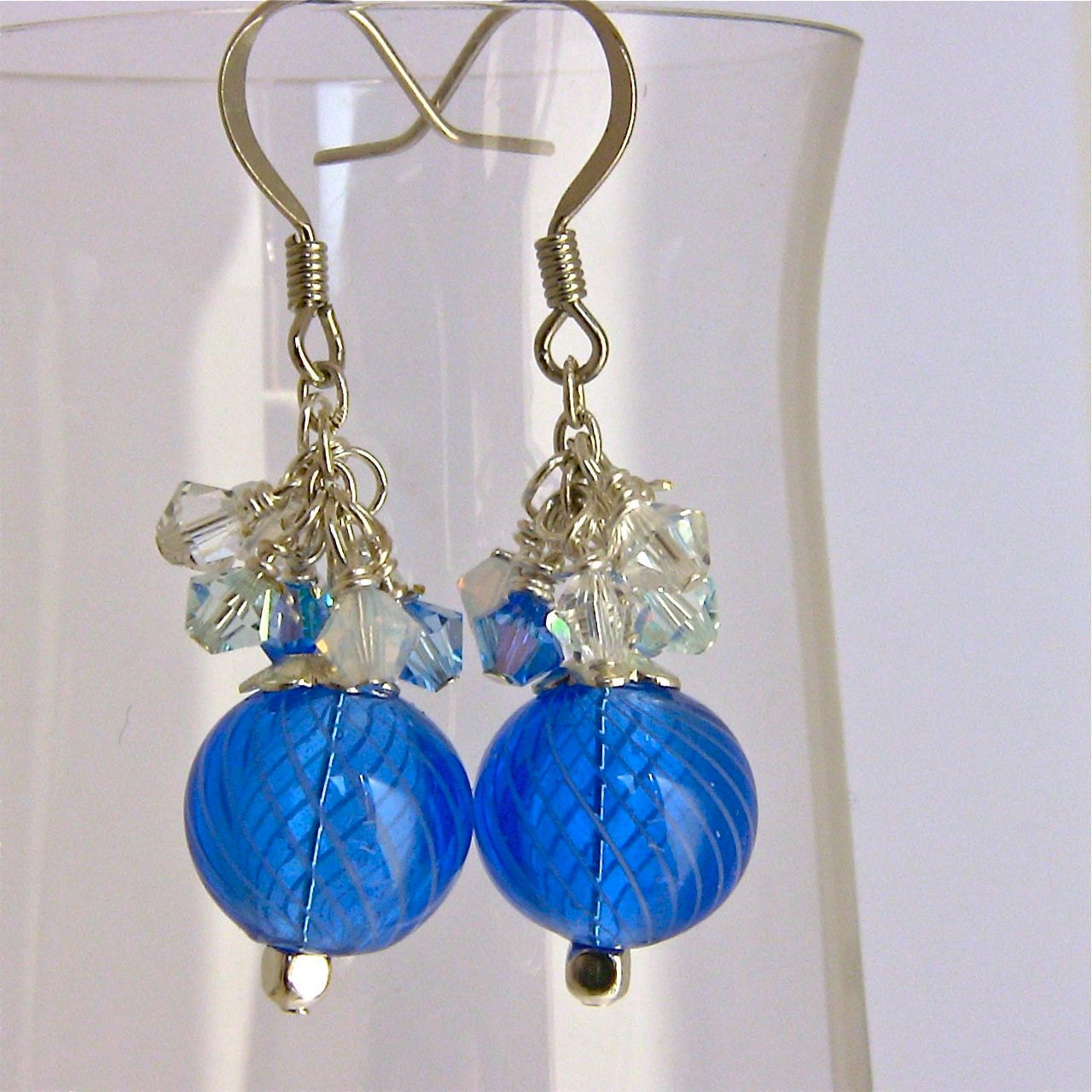 Blue Earrings with Crystals, Hand Blown Glass, Sterling Silver, Gift for Her under 25