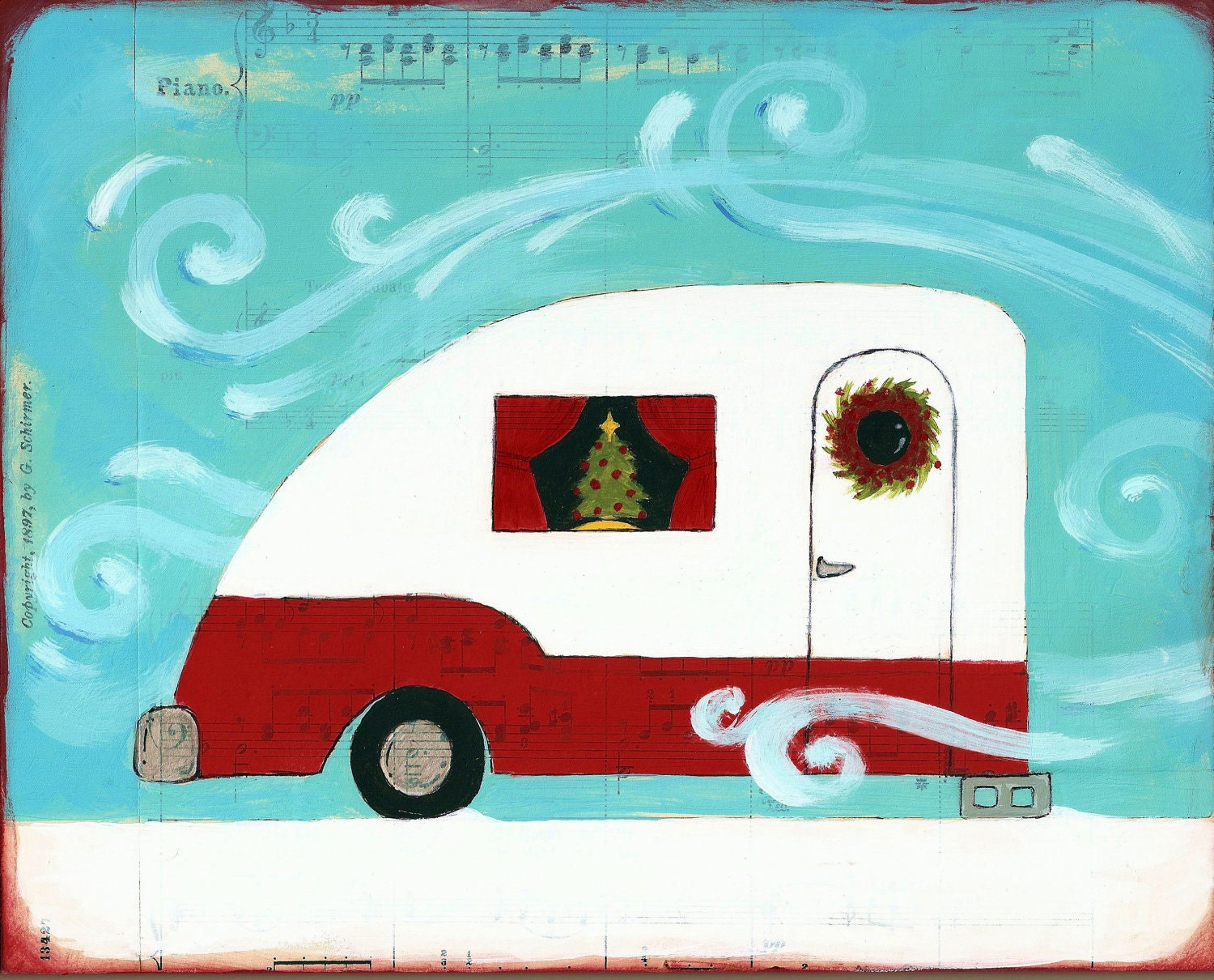 Christmas Decor-Art Print-Home for the Holidays-Red and Turquoise-Retro Camper-Under 10