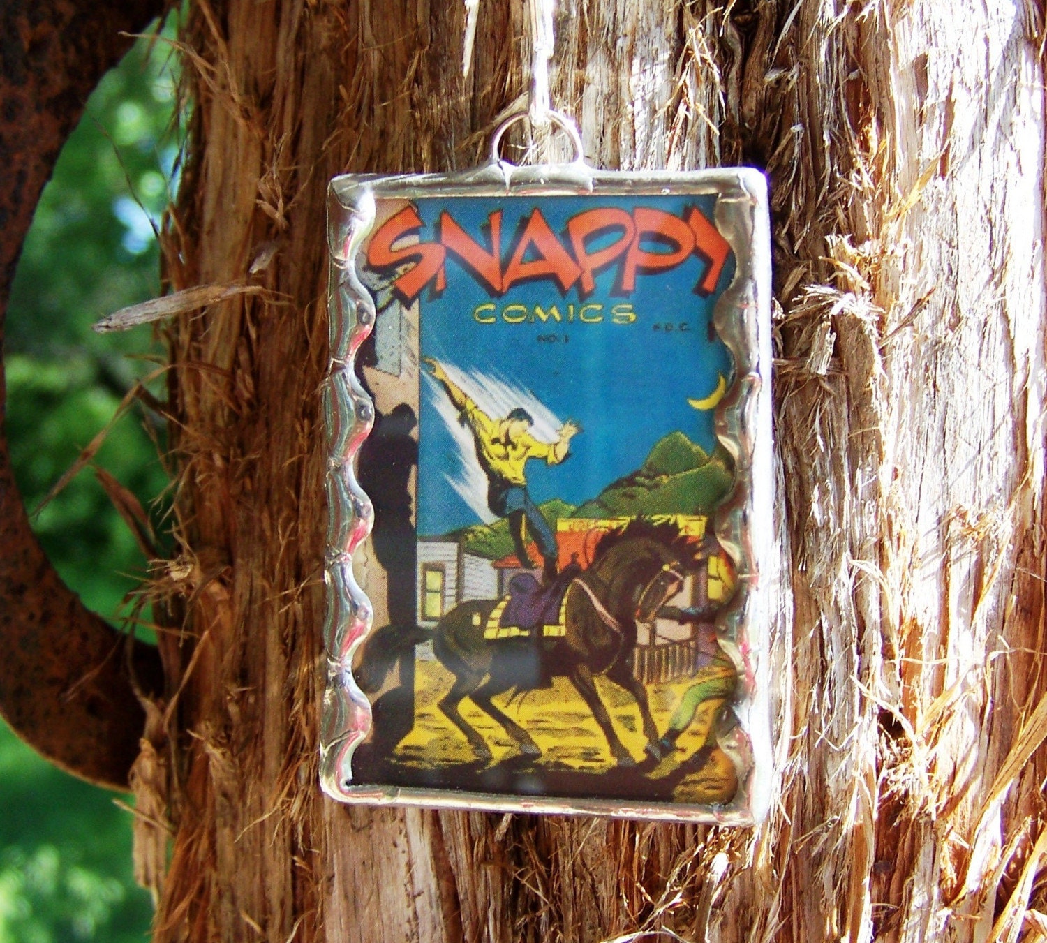 Soldered Glass Pendant with Vintage Snappy Comics and Space Detective on Ball Chain